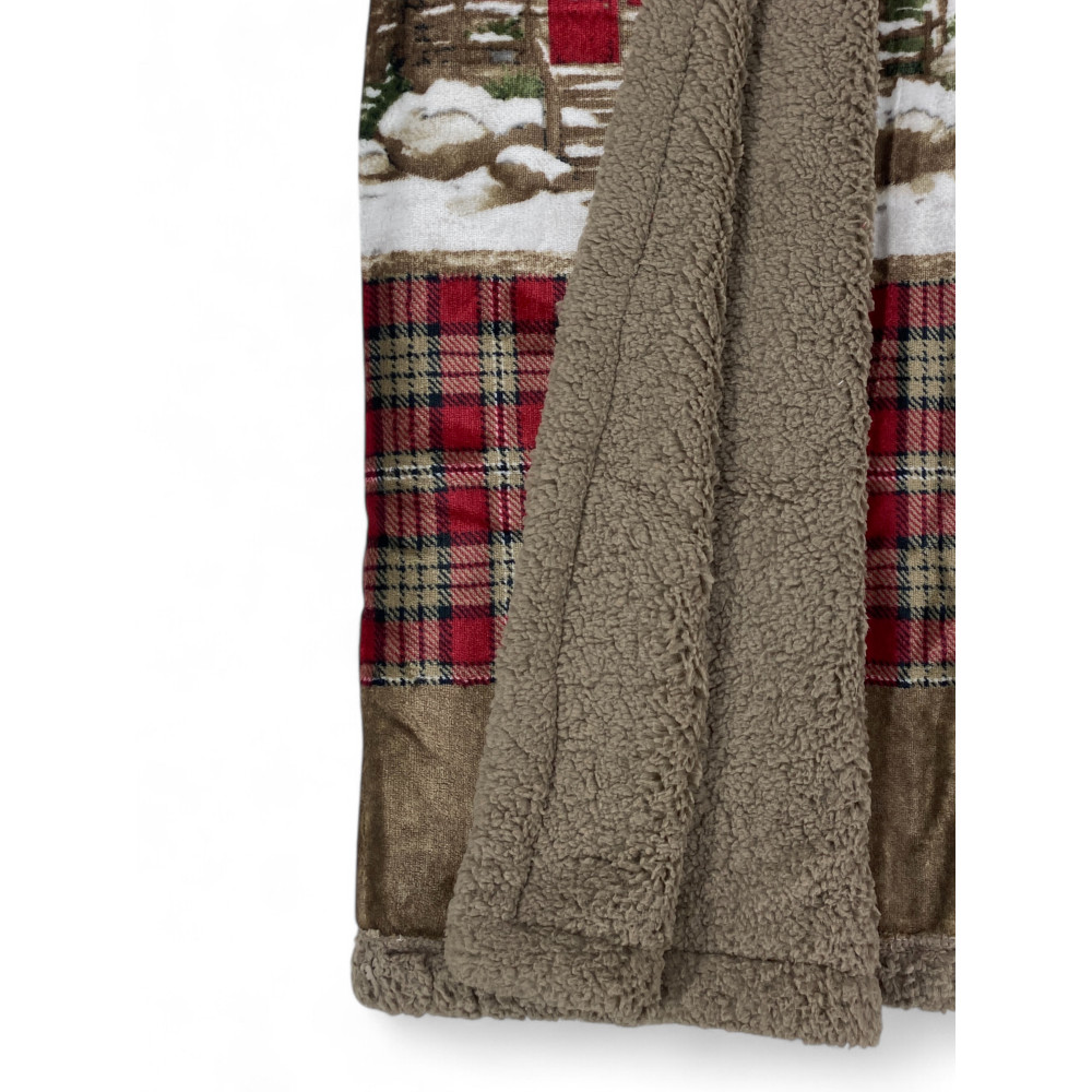 Sherpa Chalet Plaid – weiche Winterdecke aus Lammfell Fleece Tiroler Style – Hirsch- und Bergprint, taupe retro