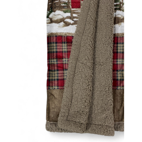 Sherpa Chalet Plaid – Manta de invierno suave en vellón de cordero estilo tirolés – Estampado de ciervos y montaña, Taupe Retro