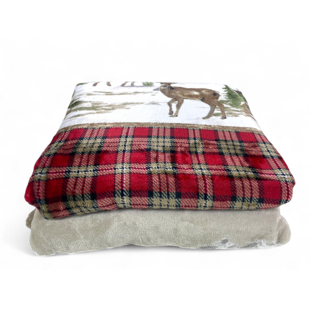 Sherpa Chalet Plaid – weiche Winterdecke aus Lammfell Fleece Tiroler Style – Hirsch- und Bergprint, taupe retro