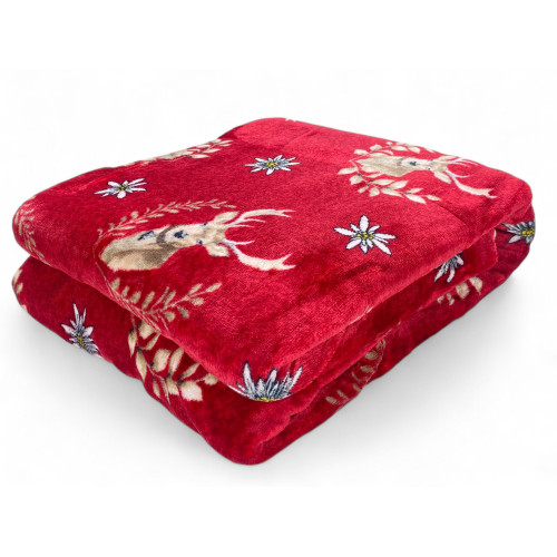 Plaid Sherpa cerf rouge – Couverture molletonnée en cuir d’agneau doux style tyrolien – Dos taupe, imprimé cerf et edelweiss