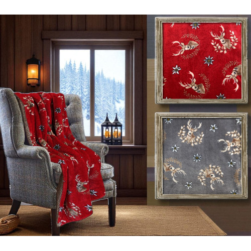 Plaid Sherpa cerf rouge – Couverture molletonnée en cuir d’agneau doux style tyrolien – Dos taupe, imprimé cerf et edelweiss