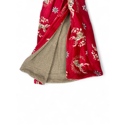 Red Deer Sherpa Plaid – Soft Lambskin Fleece Blanket Tyrolean Style – Taupe Back, Deer and Edelweiss Print
