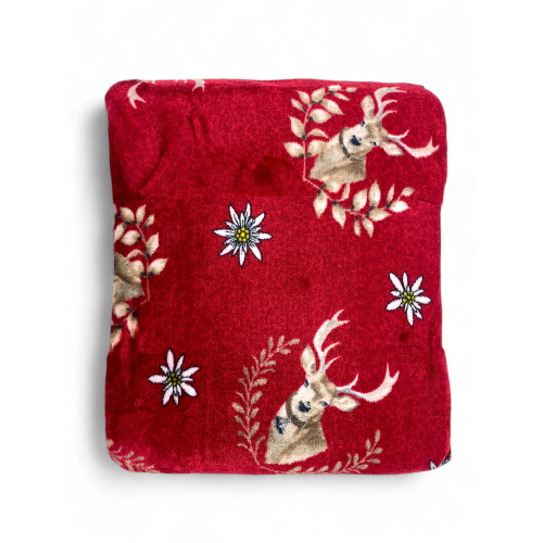 Plaid Sherpa Cervi Rosso – Coperta in Pile Agnellato Morbido Stile Tirolese – Retro Tortora, Stampa Cervo e Stelle Alpine