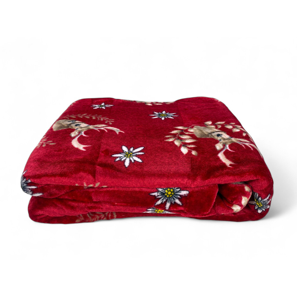 Red Deer Sherpa Plaid – Soft Lambskin Fleece Blanket Tyrolean Style – Taupe Back, Deer and Edelweiss Print