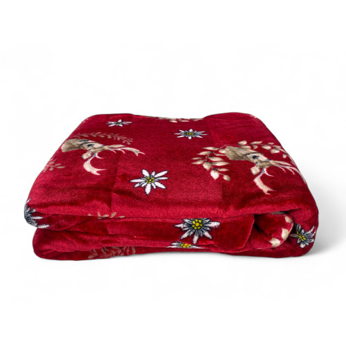 Plaid Sherpa cerf rouge – Couverture molletonnée en cuir d’agneau doux style tyrolien – Dos taupe, imprimé cerf et edelweiss