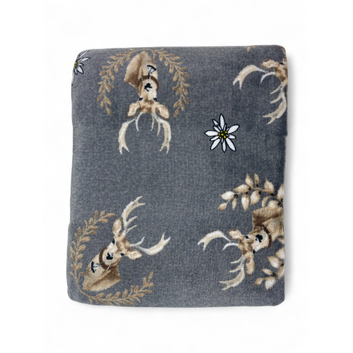 Grey Deer Sherpa Plaid – Soft Fleece Blanket with Lambskin Back – Tyrolean Style, Deer and Edelweiss Print