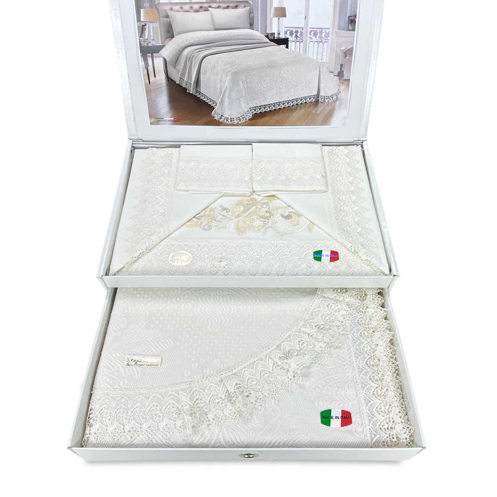 Bauletto Aurora – Set letto matrimoniale con lenzuola in puro cotone e copriletto rifinito pizzo macramè Bauletto Aurora – Set letto matrimoniale con lenzuola in puro cotone e copriletto rifinito pizzo macramè