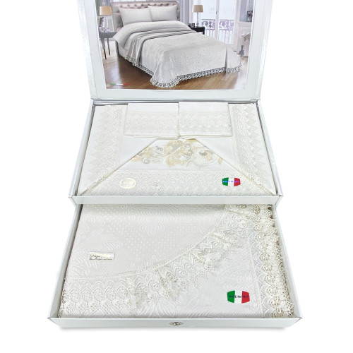 Bauletto Aurora – Juego de sábanas dobles de algodón puro y colcha con encaje de macramé incrustado – Hecho en Italia