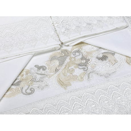 Bauletto Aurora – Parure de lit double avec draps en pur coton et couvre-lit fini avec de la dentelle macramé