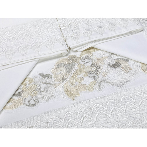 Bauletto Aurora – Juego de sábanas dobles de algodón puro y colcha con encaje de macramé incrustado – Hecho en Italia