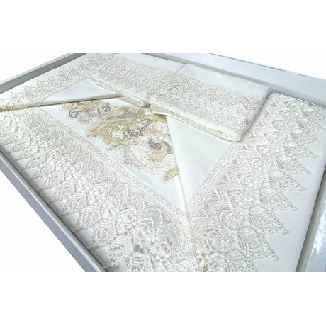 Drap de lit double Aurora en pur coton avec incrustations de style méridional et dentelle macramé
