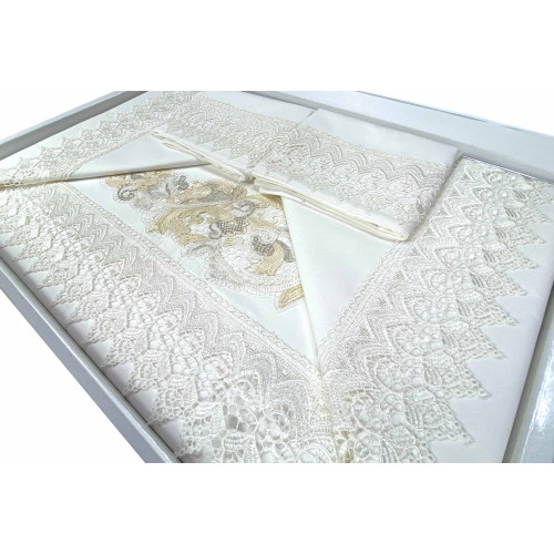 Aurora double bed sheet in pure cotton with southern-style inlays and macramé lace