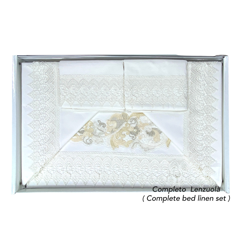 Bauletto Aurora – Doppelbettwäsche-Set aus reiner Baumwolle & Tagesdecke mit eingelegter Makramee-Spitze – Made in Italy