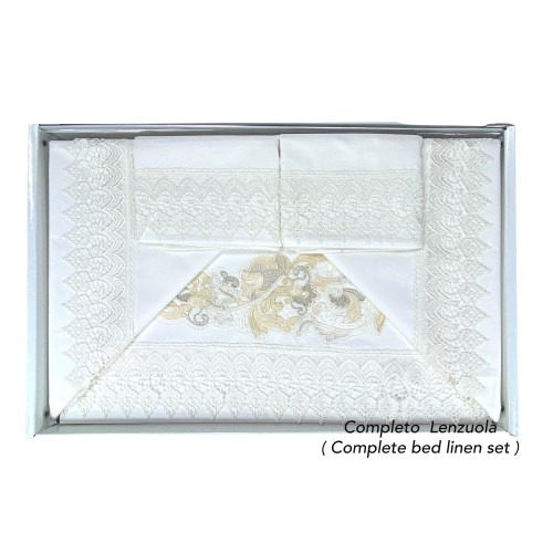 Bauletto Aurora – Ensemble de draps doubles en pur coton et couvre-lit avec dentelle macramé incrustée – Fabriqué en Italie