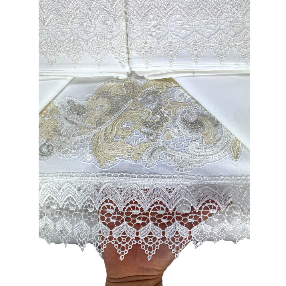 Bauletto Aurora – Ensemble de draps doubles en pur coton et couvre-lit avec dentelle macramé incrustée – Fabriqué en Italie