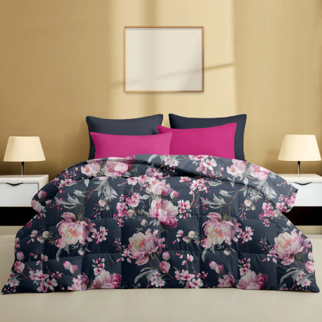 Stream 500 gr Winter Doppelbettdecke mit rosa Blumenmuster auf mitternachtsblauem Hintergrund 80% Feder 20% Bettdecke