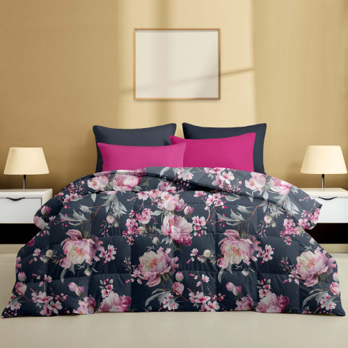 Piumone matrimoniale invernale Stream 500 gr fantasia floreale rosa su fondo blu notte 80% piuma 20% piumino