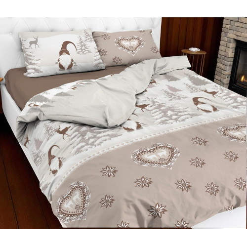 Housse de couette tyrolienne beige avec lutins - 100 % coton, motif d’hiver alpin, douce et respirante