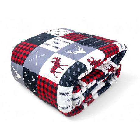 Grey Checked Bow Quilt – Grey, red and black patchwork winter duvet