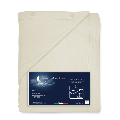Ensemble de draps d’hiver en flanelle unie crème – 100 % molleton de coton, anti-boulochage, chaud et doux, fabriqué en Italie