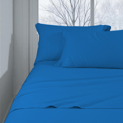 Solid blue flannel winter sheet set – 100% cotton fleece, anti-pilling, warm & soft, made in Italy
