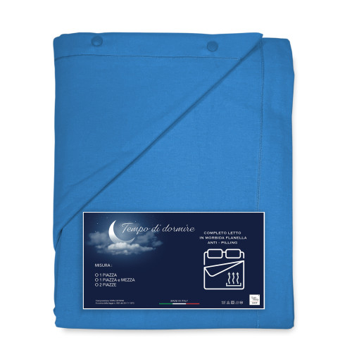 Ensemble de draps d’hiver en flanelle bleue unie – 100 % molleton de coton, anti-boulochage, chaud et doux, fabriqué en Italie