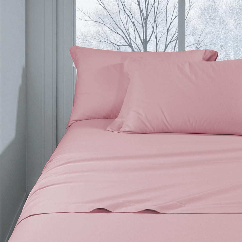 Ensemble de draps en flanelle rose unie – 100 % coton chaud et doux