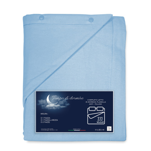 Solid color blue flannel winter sheet set – 100% cotton fleece, anti-pilling, warm & soft, made in Italy