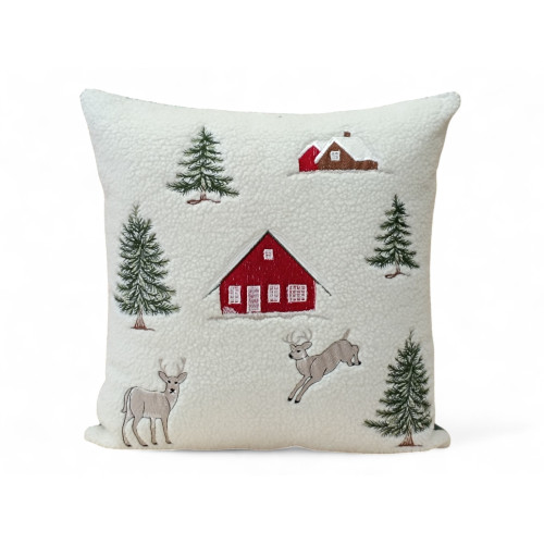 Funda de almohada decorativa tirolesa con ciervo y casina - Forro polar de piel de cordero blanca de invierno 40x40 cm - Made in