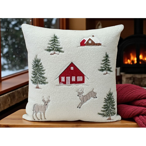 Cojín decorativo de invierno con bordado de ciervo y chalet de montaña Made in Italy