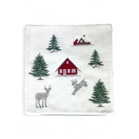 Funda de cojín decorativa 40x40 cm en vellón de piel de cordero blanca con ciervo y casa de estilo tirolés