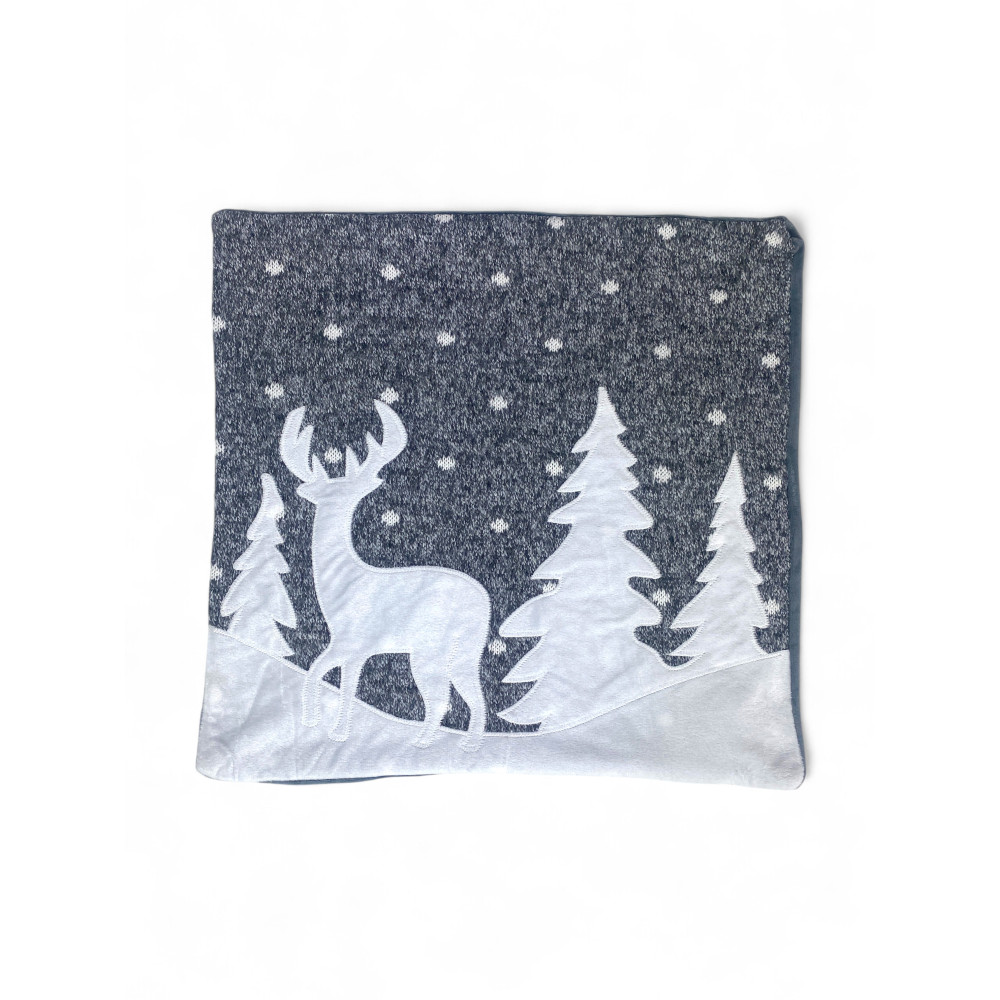 Housse de coussin d’hiver Cerf et neige 40x40 cm - Style tyrolien Blanc Gris - Fabriqué en Italie