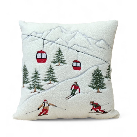 Funda de cojín de invierno 40x40 cm con esquiadores y teleférico rojo de estilo tirolés