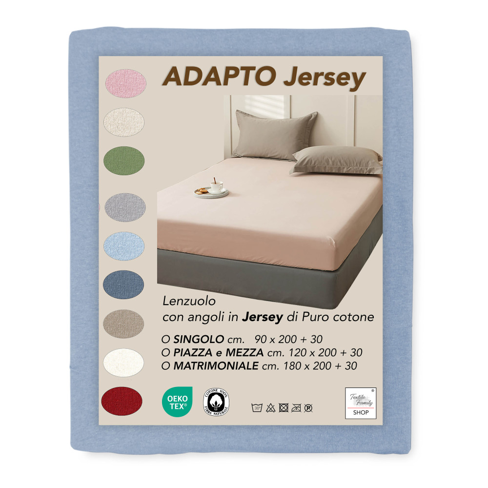 Sous-drap Adatpo en jersey bleu clair en 100 % coton stretch, bande haute H30 cm Sous-drap Adatpo en jersey bleu clair en 100 % coton stretch, bande haute H30 cm
