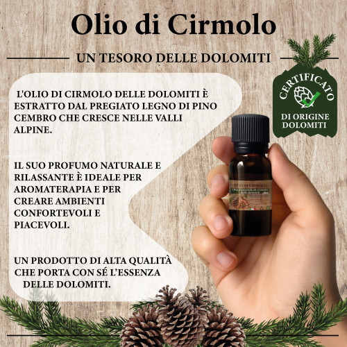 Olio Essenziale di Cirmolo Dolomiti – Pino Cembro Naturale per Aromaterapia, Diffusori e Cuscini in Cirmolo – Made in Italy