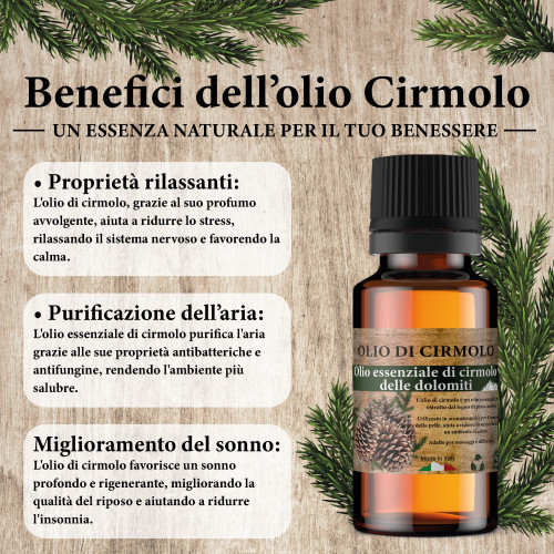 Olio Essenziale di Cirmolo Dolomiti – Pino Cembro Naturale per Aromaterapia, Diffusori e Cuscini in Cirmolo – Made in Italy
