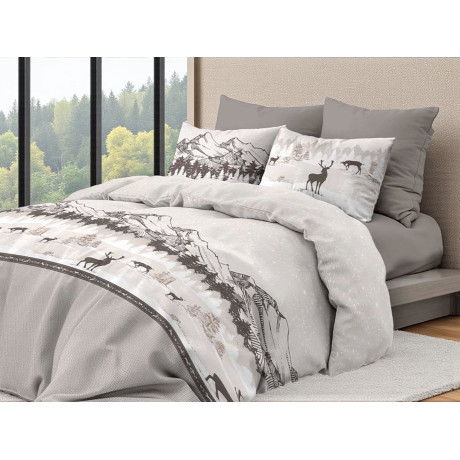 Copripiumino Cervo Alpi Grigio - Set letto invernale 100% cotone - Fantasia montagna con cervi