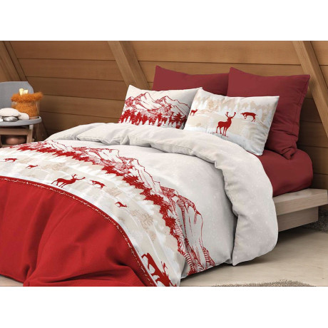 Copripiumino Cervo Alpi Rosso - Set letto invernale 100% cotone - Fantasia montagna con cervi