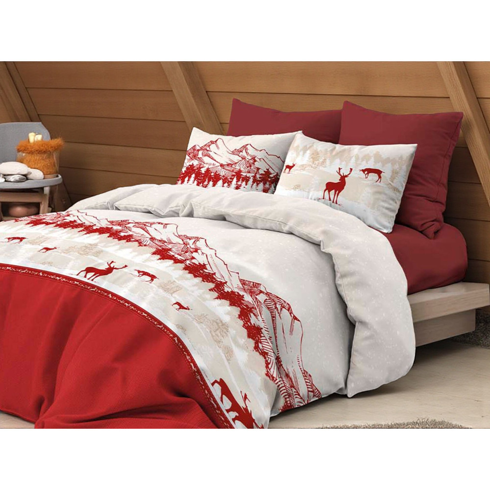 Copripiumino Cervo Alpi Rosso - Set letto invernale 100% cotone - Fantasia montagna con cervi