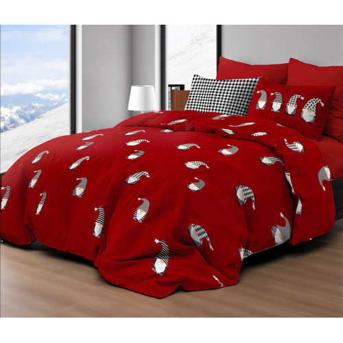 Housse de couette des elfes de Noël rouges - Parure de lit d’hiver 100 % coton - motif de Noël chaud et douillet