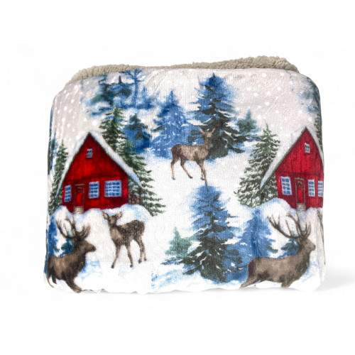 Sherpa Alpina Hut Plaid - Soft Fleece Winter Blanket with Lambskin Back - Deer and Snowy Cabins