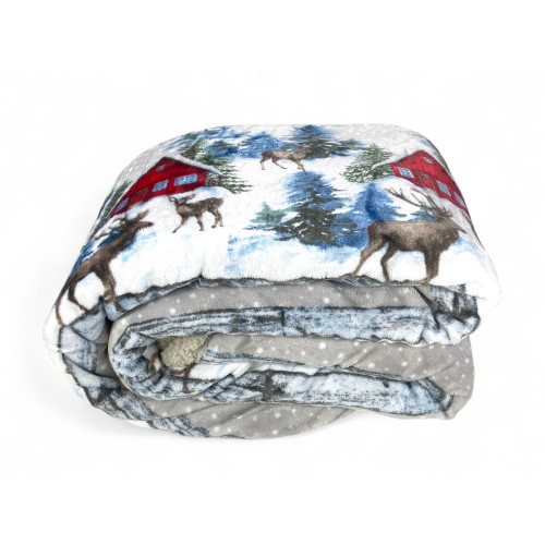 Sherpa Alpina Hut Plaid - Soft Fleece Winter Blanket with Lambskin Back - Deer and Snowy Cabins