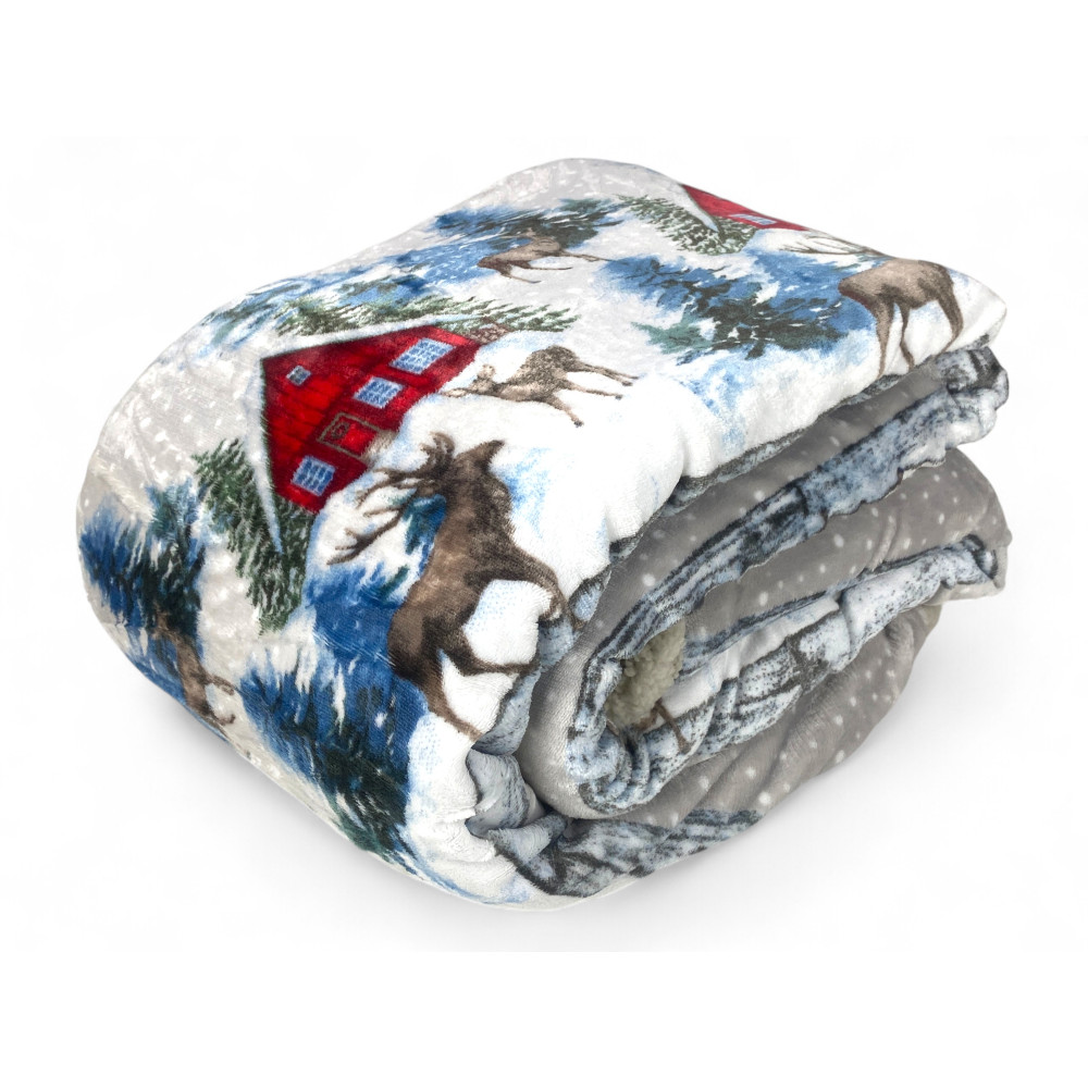 Sherpa Alpina Hut Plaid - Soft Fleece Winter Blanket with Lambskin Back - Deer and Snowy Cabins