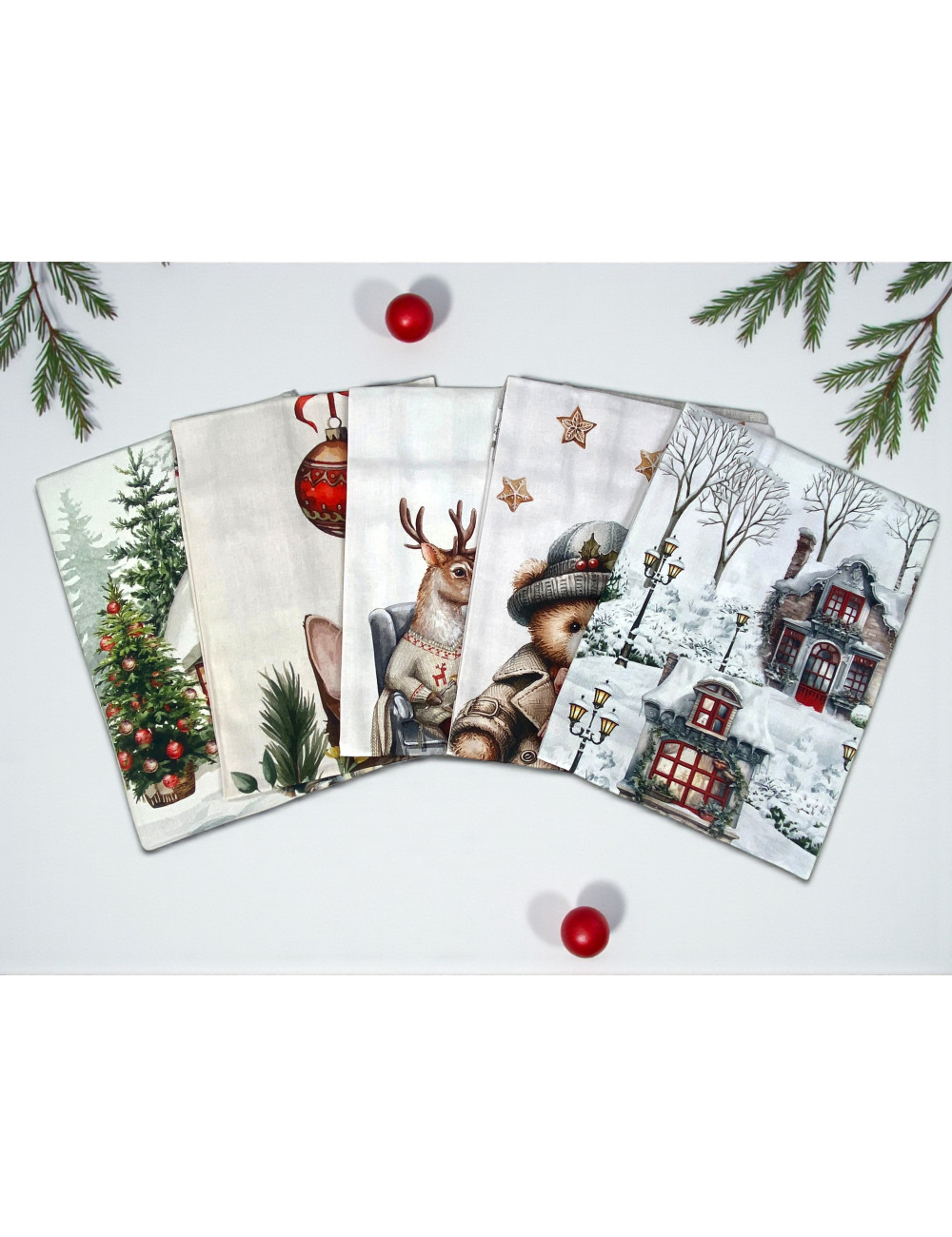 Weihnachtsgeschirrtücher in der Küche – Set 5 Stück 50x70 cm – Dekorative Geschirrtücher aus Baumwolle mit Knopfloch – Made in I