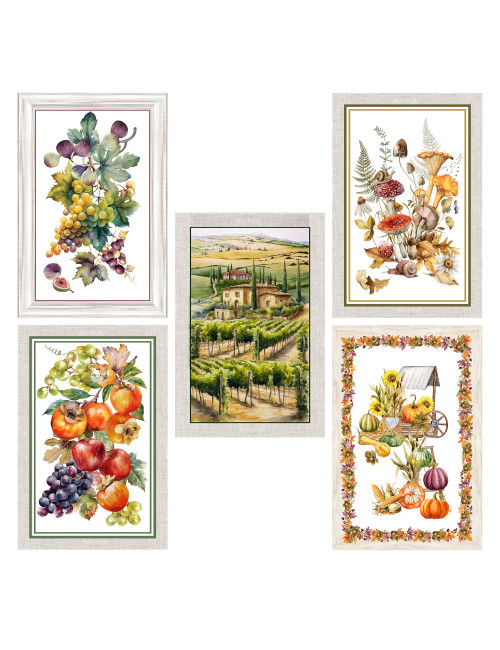 Strofinacci Cucina Cotone Set 5 Pezzi 50x70 cm – Fantasie Autunnali Made in Italy con Asola – Frutta, Vigna e Natura