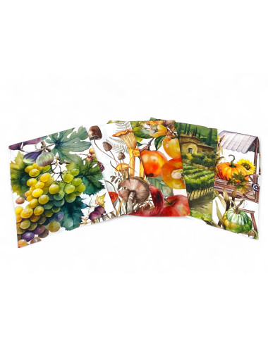 Baumwoll-Küchentücher Set 5-teilig 50x70 cm – Herbstmuster Made in Italy mit Knopfloch – Obst, Weinberg und Natur