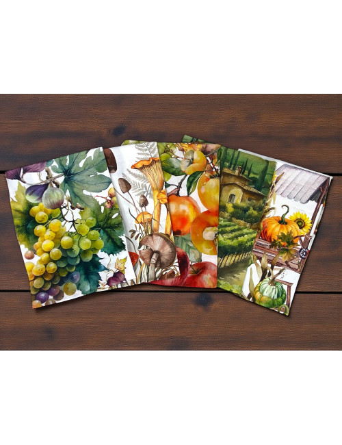 Baumwoll-Küchentücher Set 5-teilig 50x70 cm – Herbstmuster Made in Italy mit Knopfloch – Obst, Weinberg und Natur