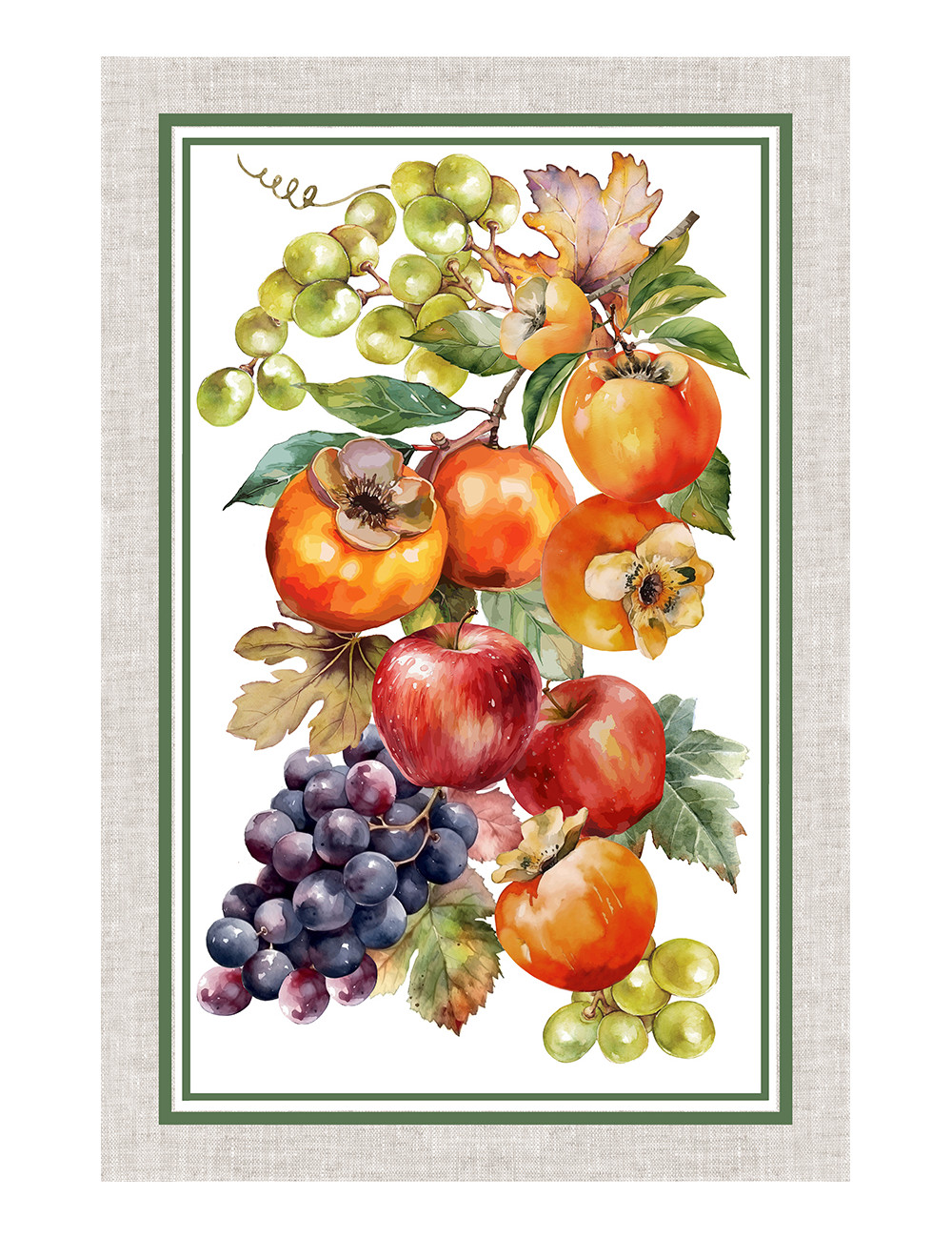 Baumwoll-Küchentücher Set 5-teilig 50x70 cm – Herbstmuster Made in Italy mit Knopfloch – Obst, Weinberg und Natur