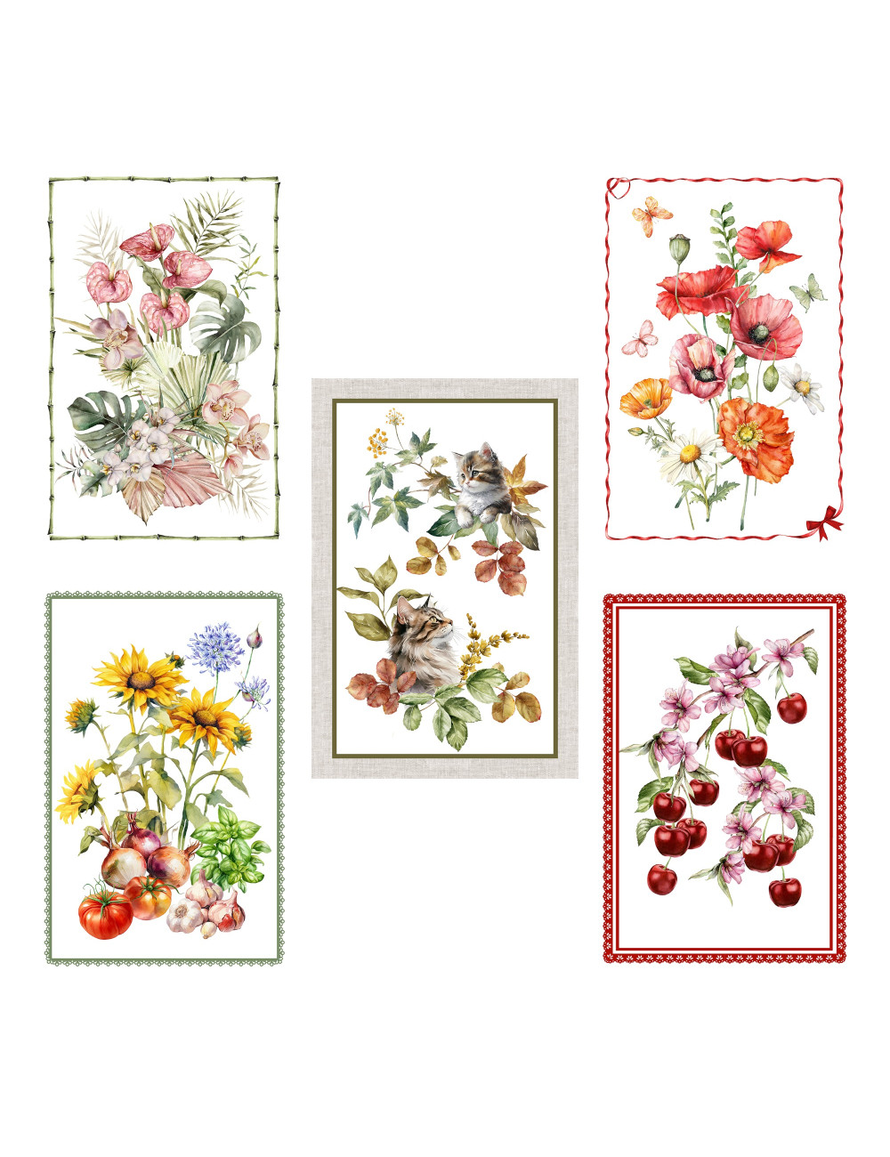 Set de torchons de cuisine en coton 5 pièces 50x70 cm – Motifs floraux et chats – Fabriqué en Italie avec boutonnière