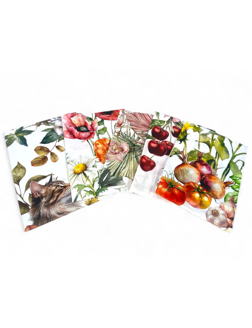 Juego de Toallas de Cocina de Algodón 5 Piezas 50x70 cm – Motivos Florales y de Gato – Made in Italy con Ojal